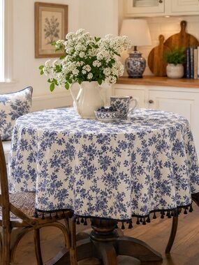 French Country Cottage Blue Toile Round Tablecloth Tassel Trim Cottagecore 60”